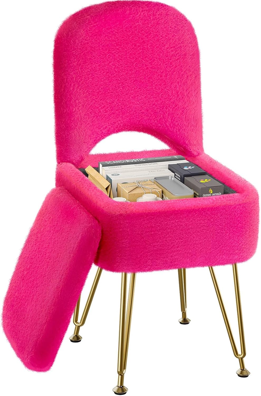 Small Vanity Stool Chair with Storage and Folding Back, 13.4" x 15" x 30" Square Faux Fur Soft Ottoman, 4 Metal Legs with Anti-Slip Feet, Furry Padded Seat for Makeup, Bedroom, White