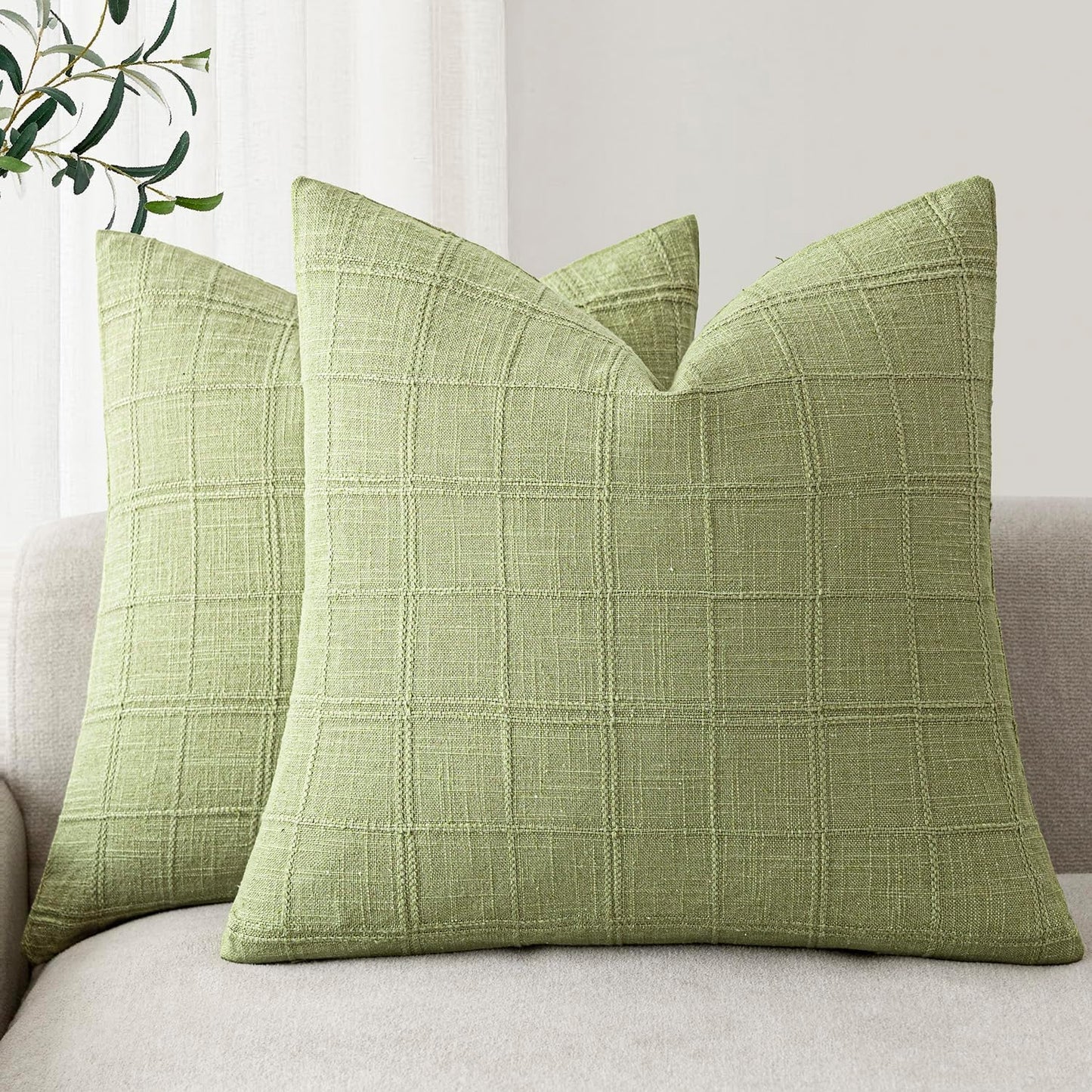 Foindtower Set of 2 Decorative Linen Check Throw Pillow Covers Neutral Farmhouse Vintage Cushion Covers Modern Boho Home Decor for Sofa Chair Couch Bedroom Living Room,18×18 Inch,Natural Beige