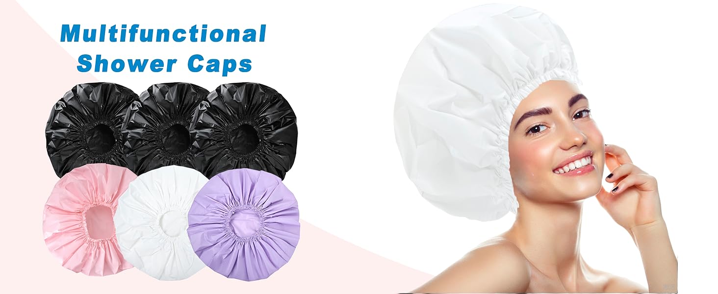Shower Caps for Women, 4 PCS Elastic and Reusable Bath Caps, Double Waterproof Layers Shower Cap, Bathing Shower Caps, Environmental Protection Hair Bath Hat - Solid Color