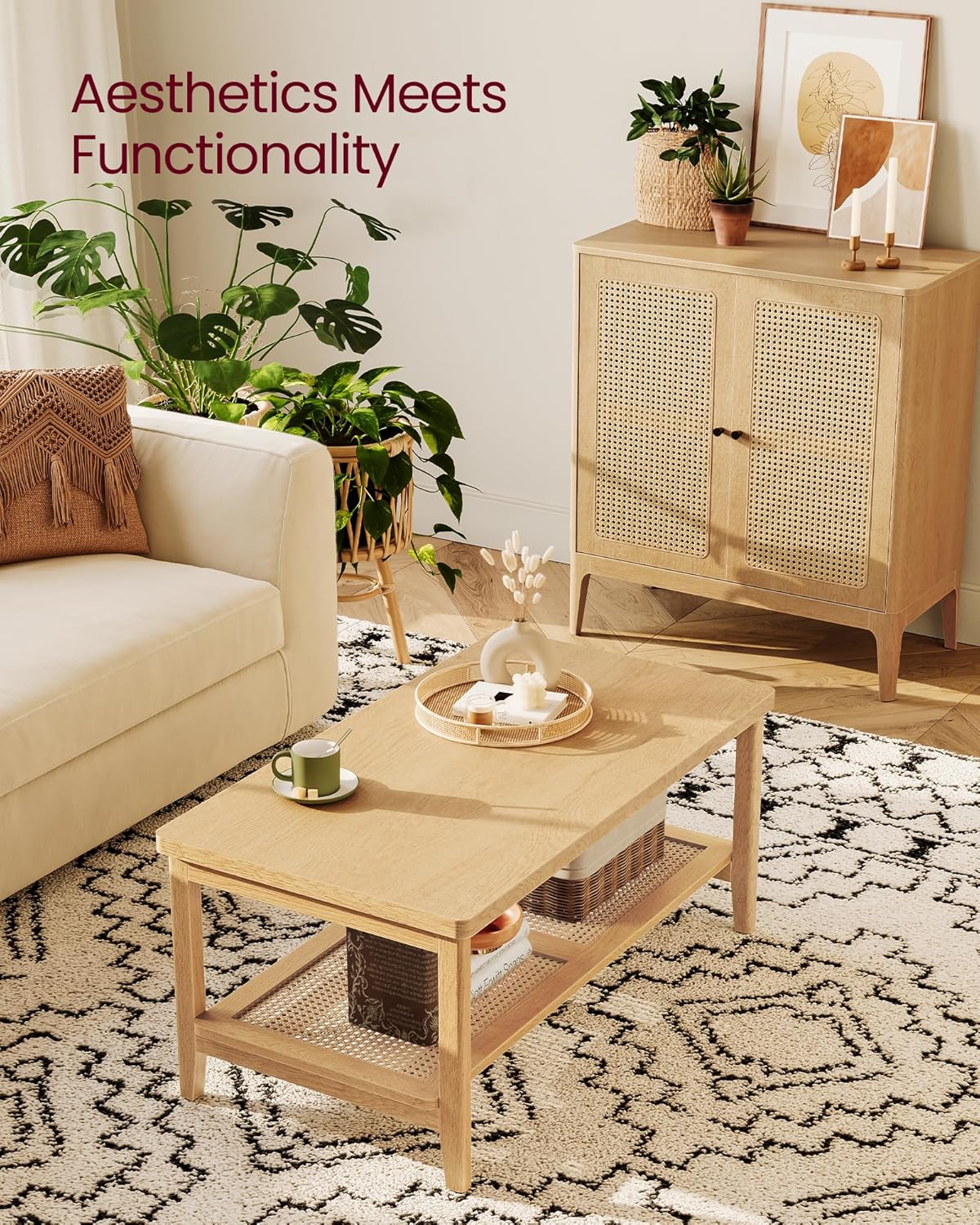 VASAGLE 2-Tier Coffee Table for Living Room, Rectangular Living Room Table, with PVC Rattan Storage Shelf, Rounded Corners, Easy Assembly, Boho Style, 21.7 x 39.4 x 17.7 Inches, Oak Beige ULCT240Y57