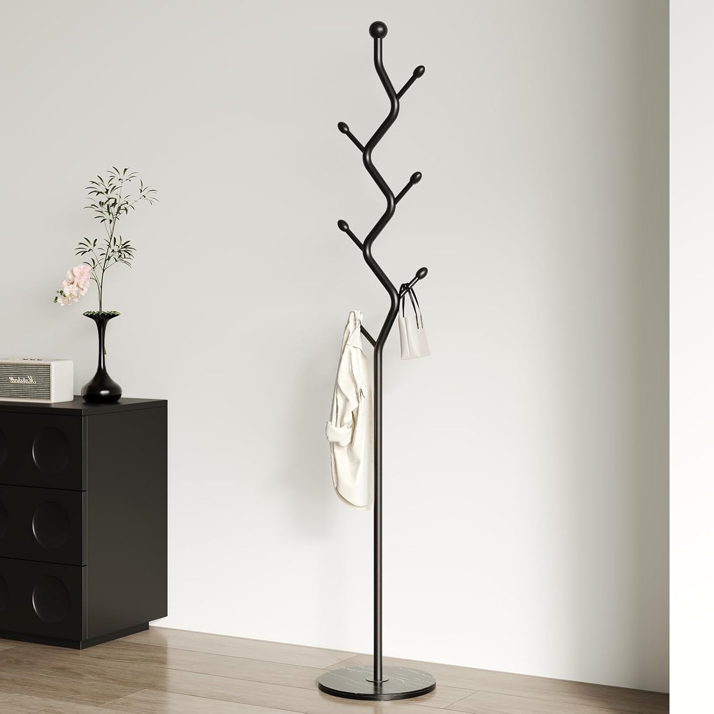 Tree Branch-Look Coat Rack Freestanding with 6 Hooks & Sturdy Marble base Metal Clothes Hanger Stand for Entryway/Mudroom/Bedroom/Hallway/Home Office (Matte black)