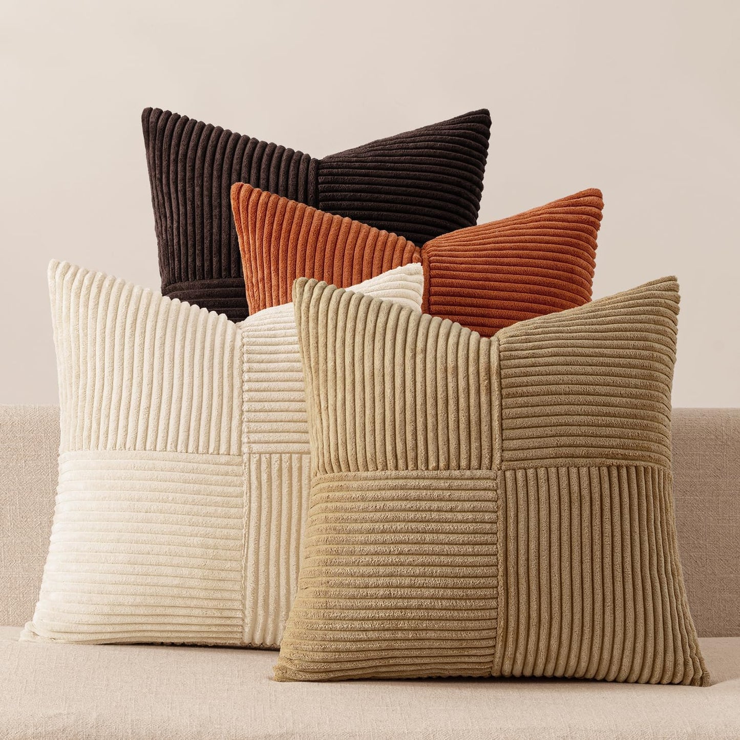 Teal Orange Decorative Throw Pillow Covers 18x18 Inch Set of 4 Boho Corduroy Striped Cushion Cases Modern Farmhouse Patchwork Pillow Cases for Couch Sofa Bedroom Home Decor