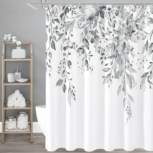 Grey Eucalyptus Shower Curtain, Watercolor Plant Leaves with Floral Bathroom Shower Curtain Set, Gray White, 72x72