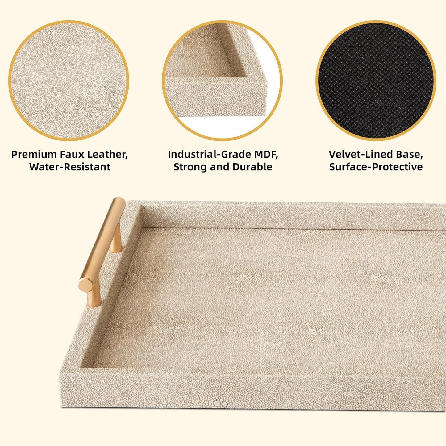 Modern Decorative Tray Set of 2 Ivory Shagreen Leather and Wood Serving Tray with Gold Polished Metal Handles for Ottoman, Coffee Table, Bathroom and More
