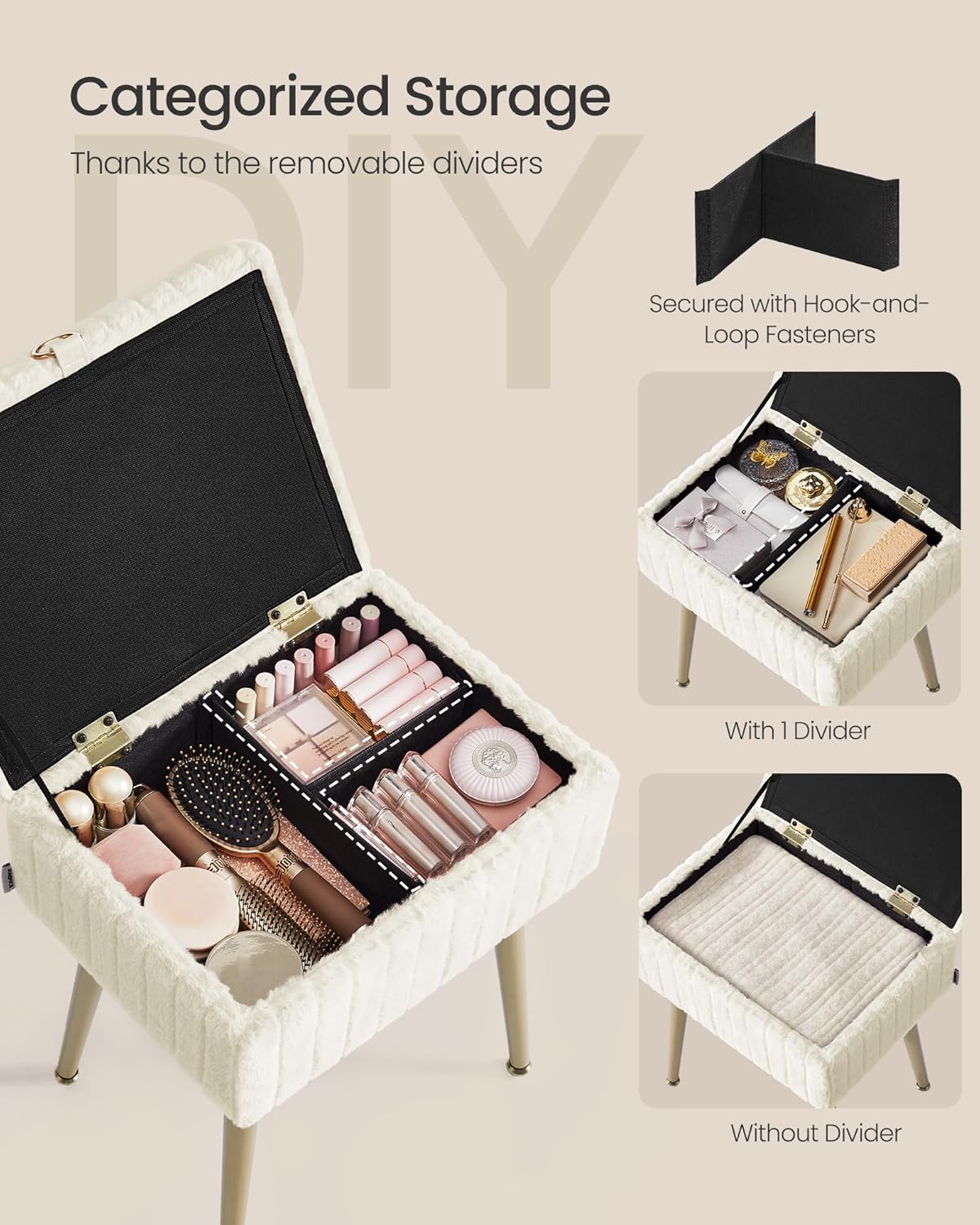 Vanity Stool Chair Faux Fur with Storage, Vanity Bench, Metal Legs, Adjustable Feet, for Living Room, Bedroom, Makeup Room, Cream White ULOM505WZ02