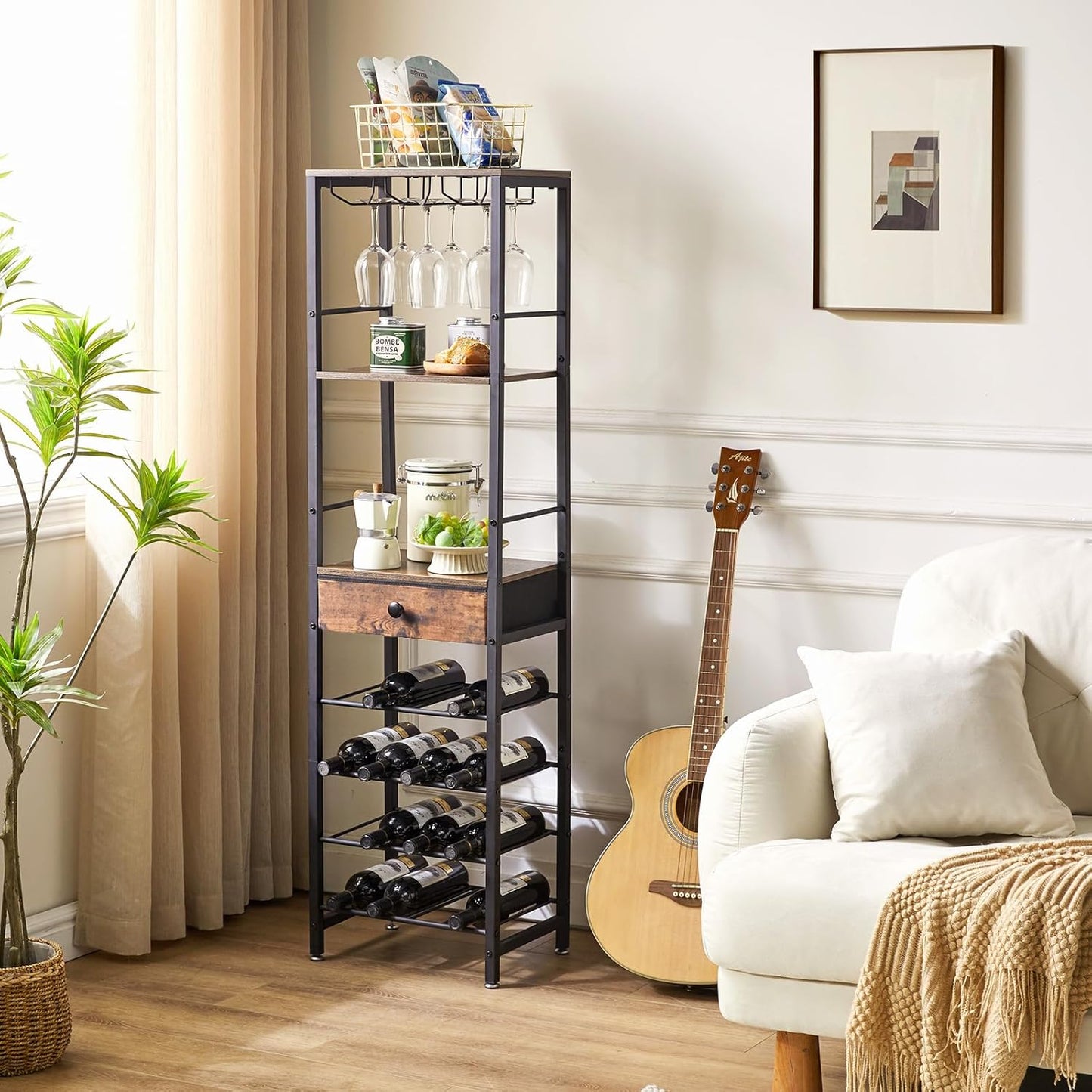 IBUYKE Wine Rack Freestanding Floor, Bar Cabinet for Liquor and Glasses,4-Tier Wood Coffee Bar Cabinet,Glass Holder and Storage Drawer for Home Bar Kitchen Living Room,Rustic Brown UTMJ905H