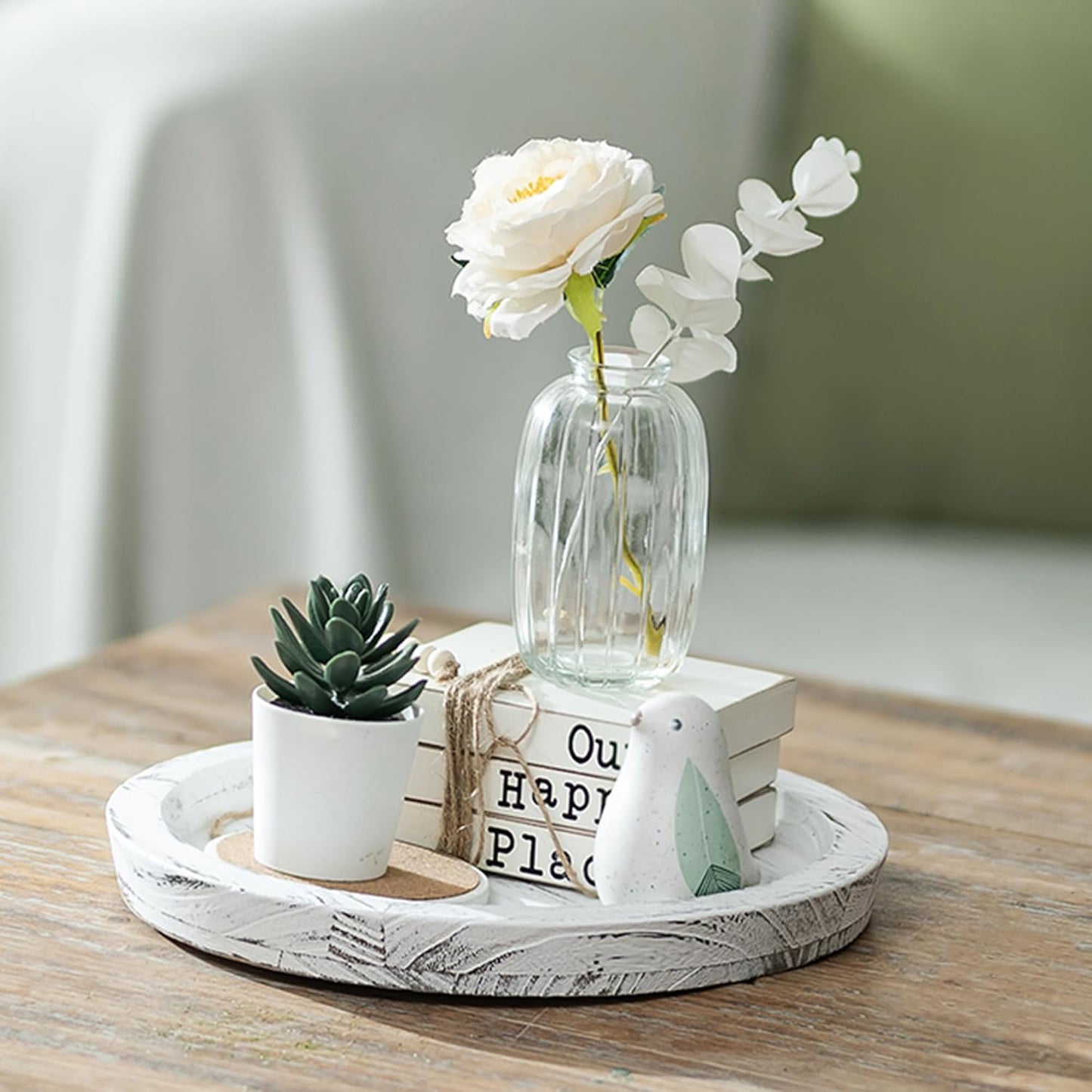 Candle Plate Holder Tray: Round White Wood Decorative Tray Decor - Rustic Farmhouse CoffeeTable Decor - Tealight Pillar Trays for Home Decor