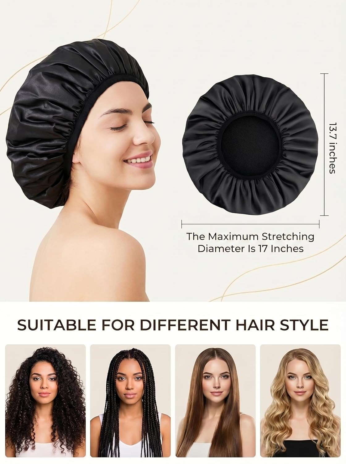 Shower Cap,Terry Lined Shower Cap for Women Reusable, Triple Layer Waterproof Bath Cap, Extra Large for Women Long Hair(Black)