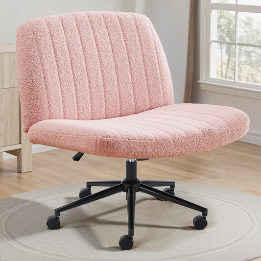 Criss Cross Chair with Wheels Wide Cross Legged Office Desk Vanity Chair Comfy Fabric Armless Adjustable Swivel for Home Computer Task Teddy Pink