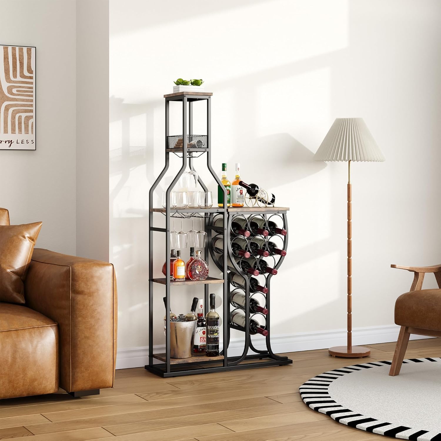 HavenlyYouth Liquor Cabinet for Home Bar, 5-Tier Wine Rack Freestanding Floor with Wine Glass Holder, Mini Bar Stand with 11 Wine Bottles, Bar Table with Storage for Living Room, Kitchen