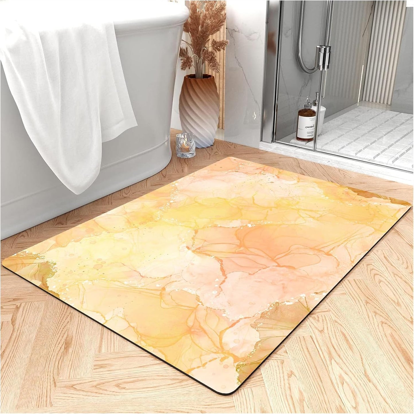 Fast Drying Thin Bath Mat Bathtub Mat | Diatomite Bathmat with Absorbent and Non-Slip Surface Easy to Clean | Colorful Marble Texture Bathroom Rug (3x5ft/36x60in/90x150cm, Pink/Medium Purple)