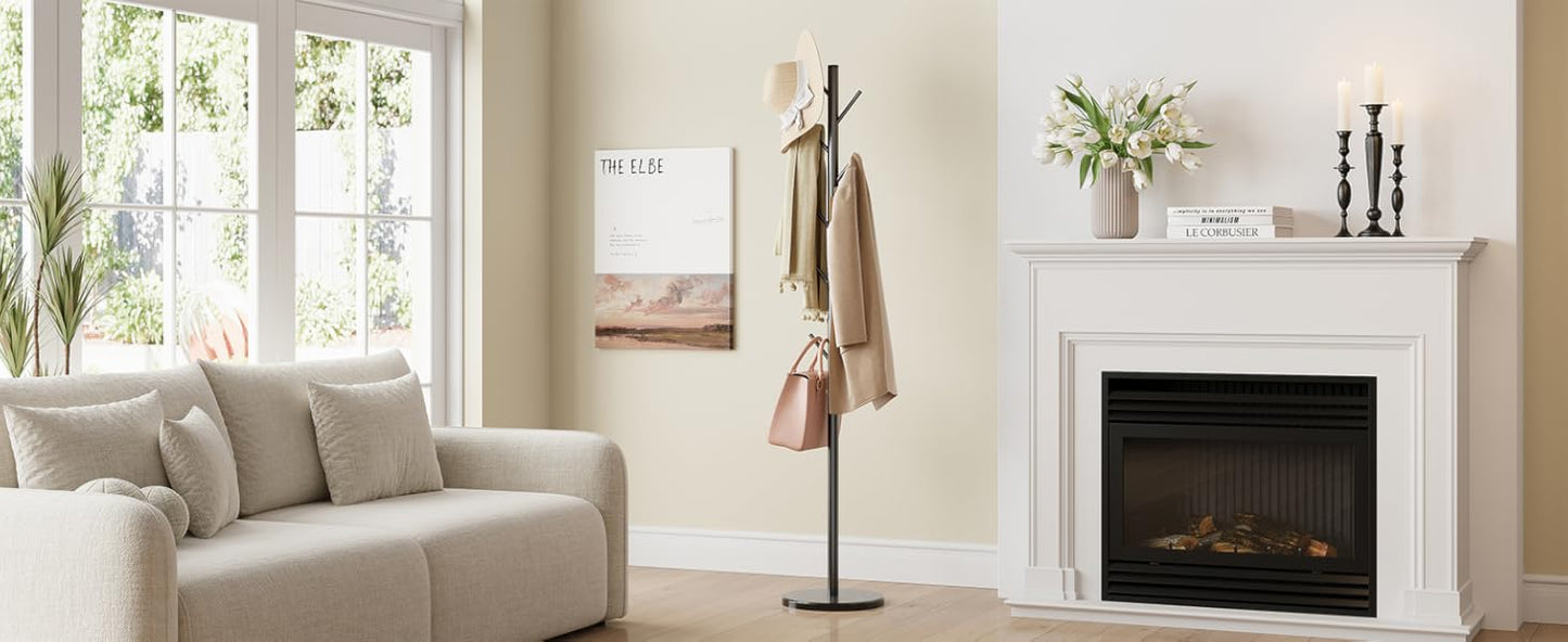 Coat Rack Freestanding with Natural Marble Base, Metal Coat Rack Stand with 10 Hooks, 3 Adjustable Size Coat Tree for Bags, Clothes, and Hats for Entryway, Bedroom, Hallway, Office, Black
