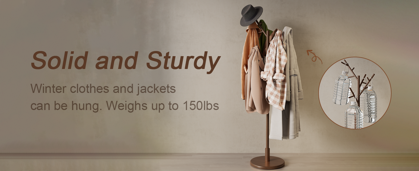 Coat Rack,Solid Wood Coat Rack Freestanding with 12 Hooks,Coat tree freestanding 3 Adjustable Heights for coat, Hats, Handbags，Coat Stand for Entryway,Bedroom (Walnut)