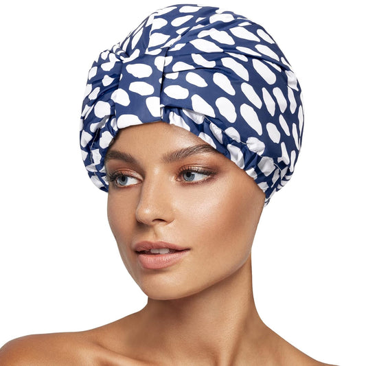 Luxury Shower Cap for Women Reusable Waterproof, Double Layered Shower Hair Cap with Adjustable Elastic Strap, Large Satin Lined Shower Bath Cap for Long Curly Straight Hair, Blue