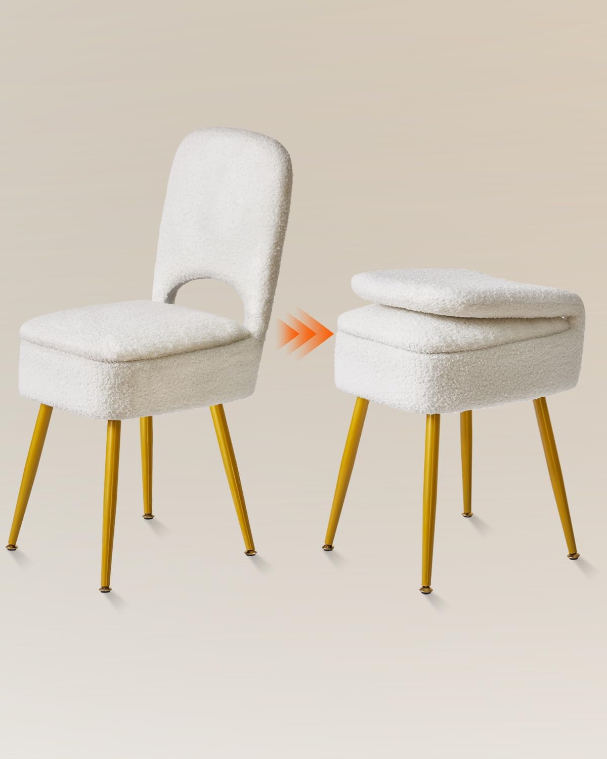 Small Storage Vanity Stool with Folding Backrest, 12.99" x 13.78" x 31.5" Square Teddy Velvet Ottoman, Makeup Chair for Living Room, 4 Metal Legs with Anti-Slip Feet, White WBD027W